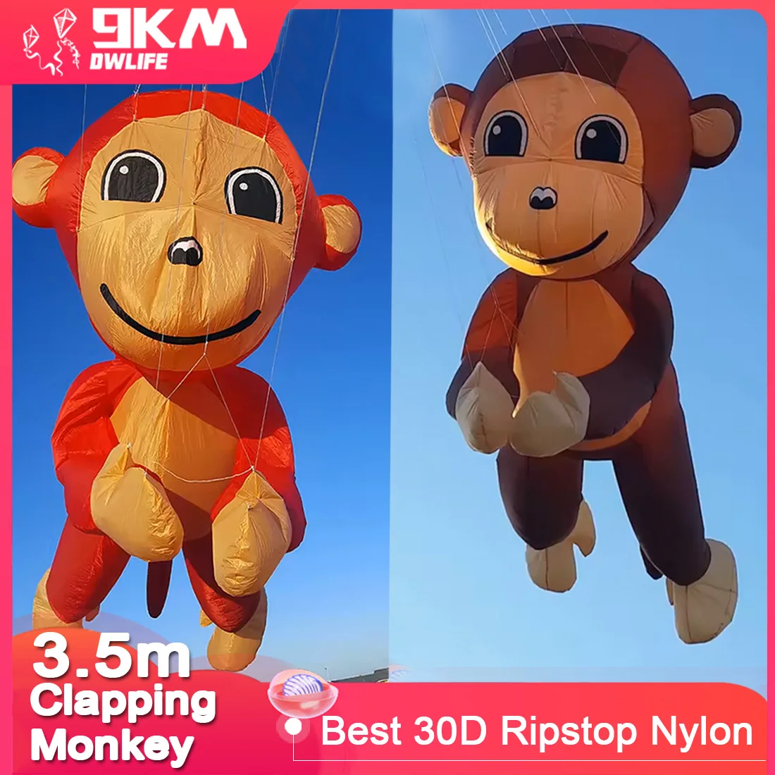 9km 3.5m batendo macaco kite linha lavanderia para adultos de alta qualidade ripstop náilon macio inflável mostrar kite pingente