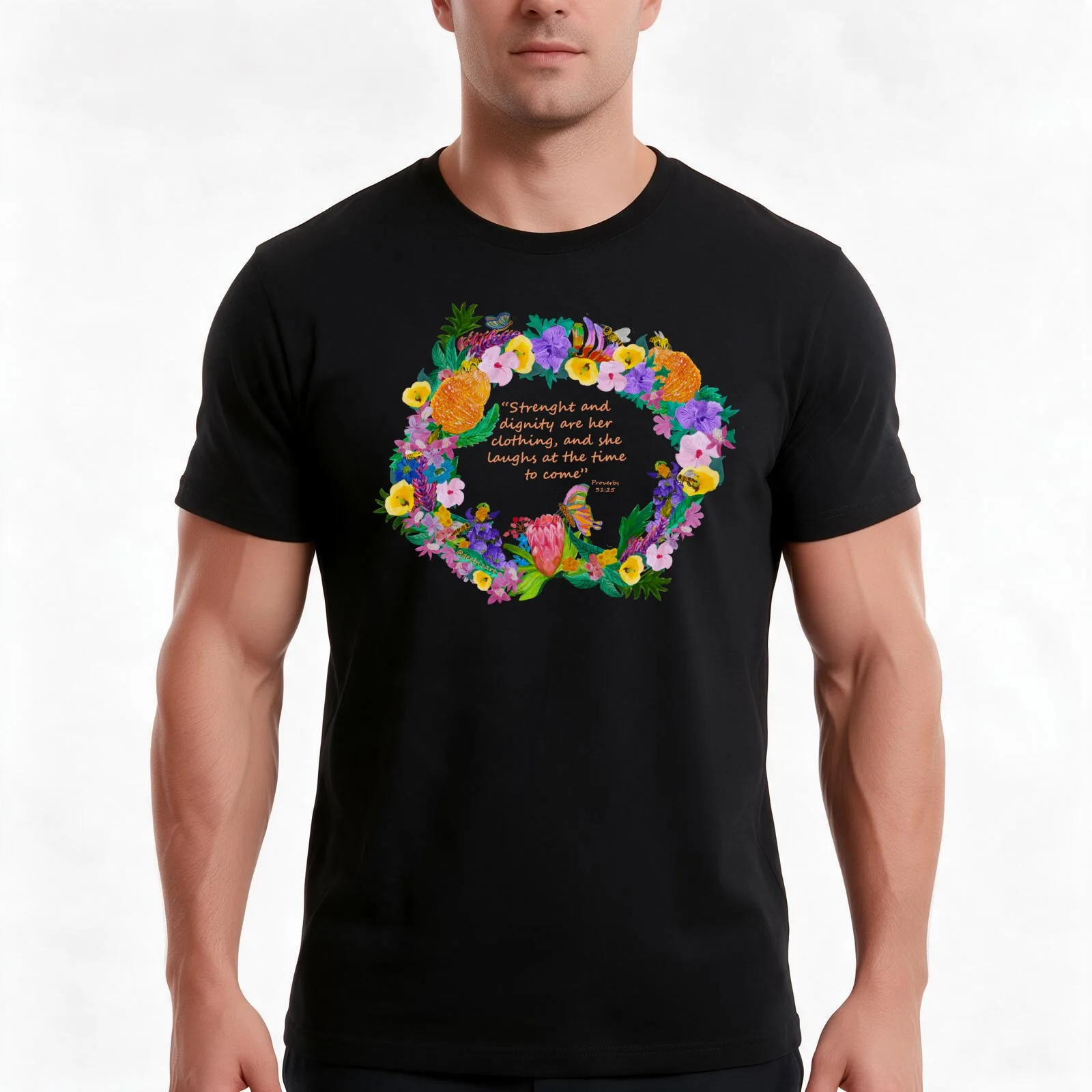 Colourful flowers wreath with bible verse T-Shirt, Summer Casual Cotton Tee, Oversized Streetwear Tops, Vintage Graphic Print