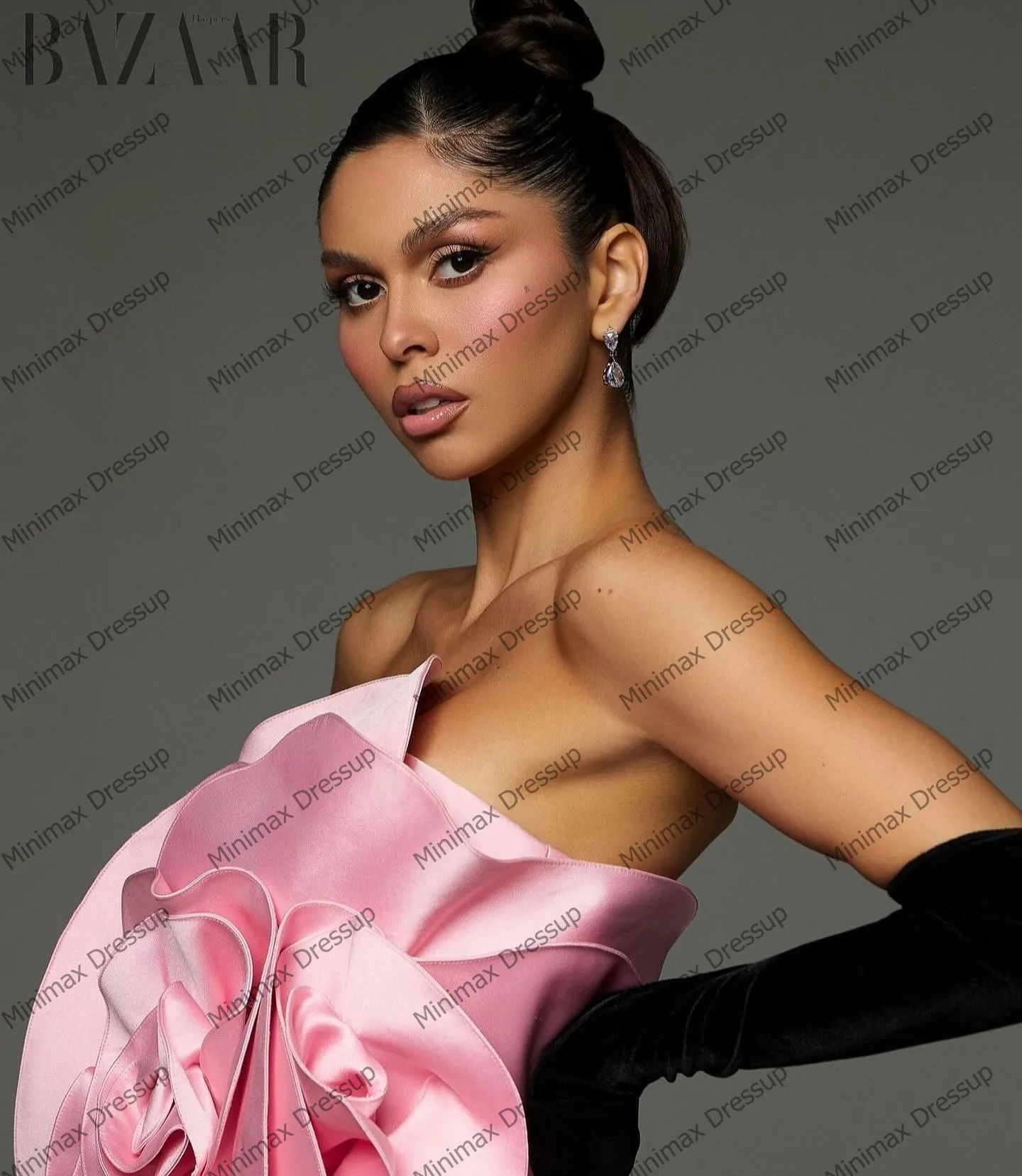 Pretty Satin Ruffles Mini Cocktail Dresses Fashion Strapless Handmade Flowers Prom Party Gowns Cute Pink Taffeta Prom Dress