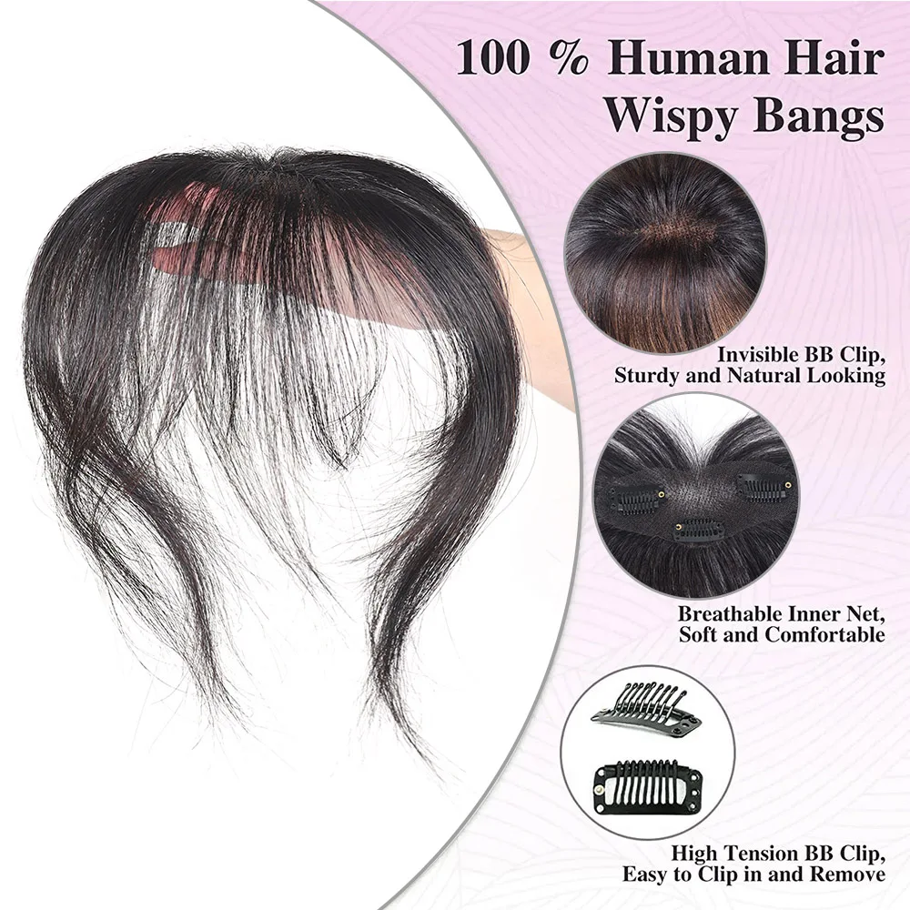 Real Human Hair Clip In Bangs for Women Wispy Air Bangs Fringe with Temples Fake Bangs Hair Extensions Black Brown Hairpiece