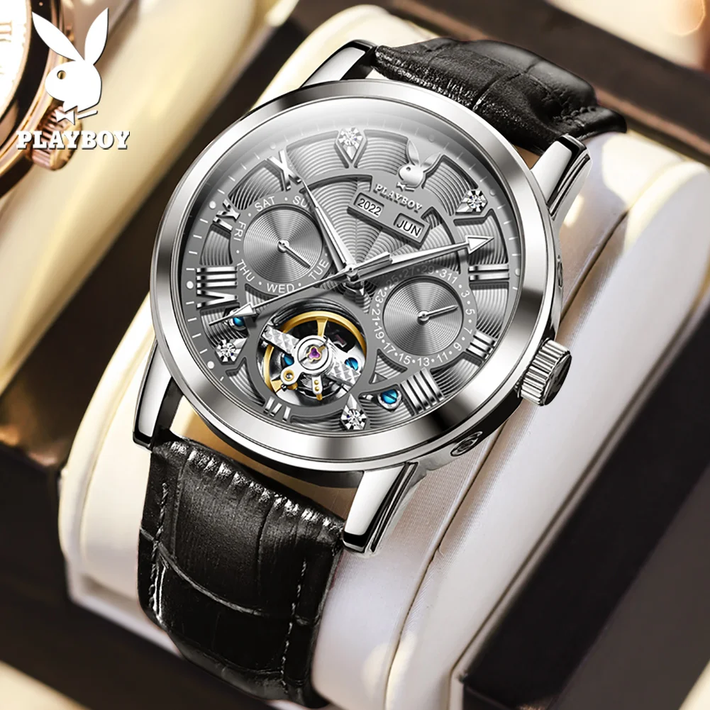 PLAYBOY Luxury Fashion Man Automatic Watch Leather Strap Business Waterproof Watches for Men Original Mechanical Wrist Watch Men