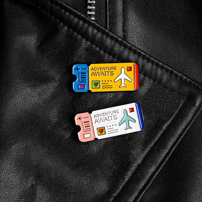 Funny Air Tickets Brooch Cartoon Adventure Awaits Lapel Pins Cartoon Backpack Enamel Badge Travel Explorer Jewelry Gift