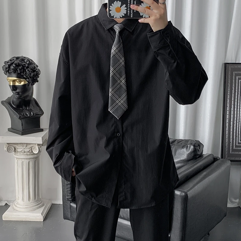 

American Retro Tie Shirt Men's High Sensation Handsome Long Sleeve Shirt Japanese Style DK Boys Uniform Loose Fit Youth Trend