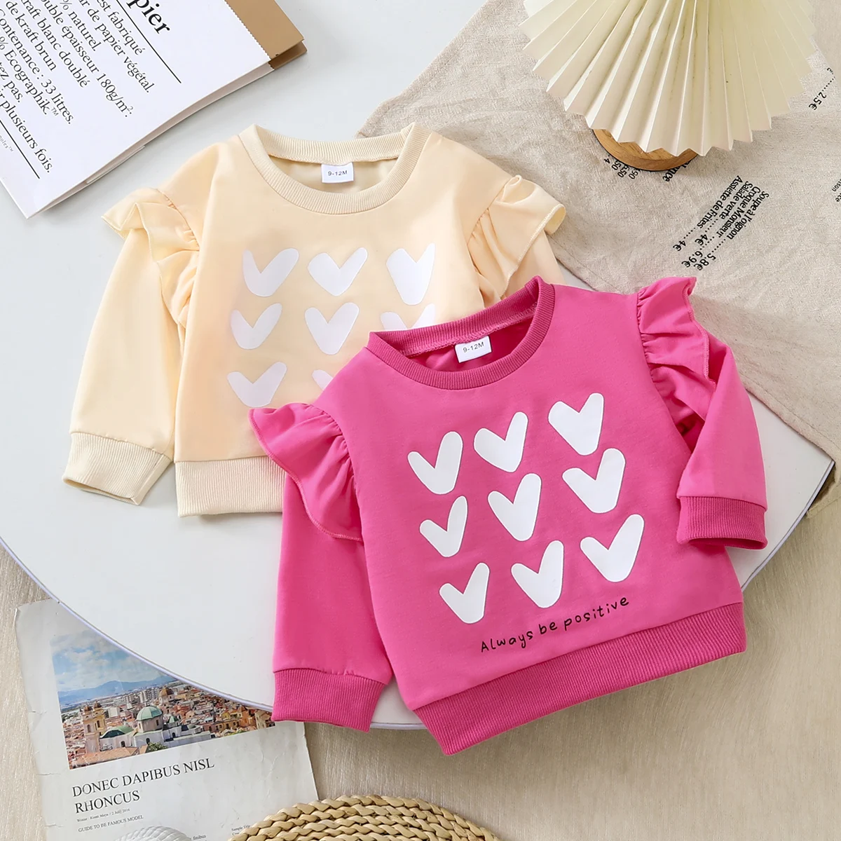 Sweet Heart Pattern Girl's Sweatshirt Ruffle Sleeve Design Soft Comfortable Easy to Wear Children's Clothing Kids' Love Print