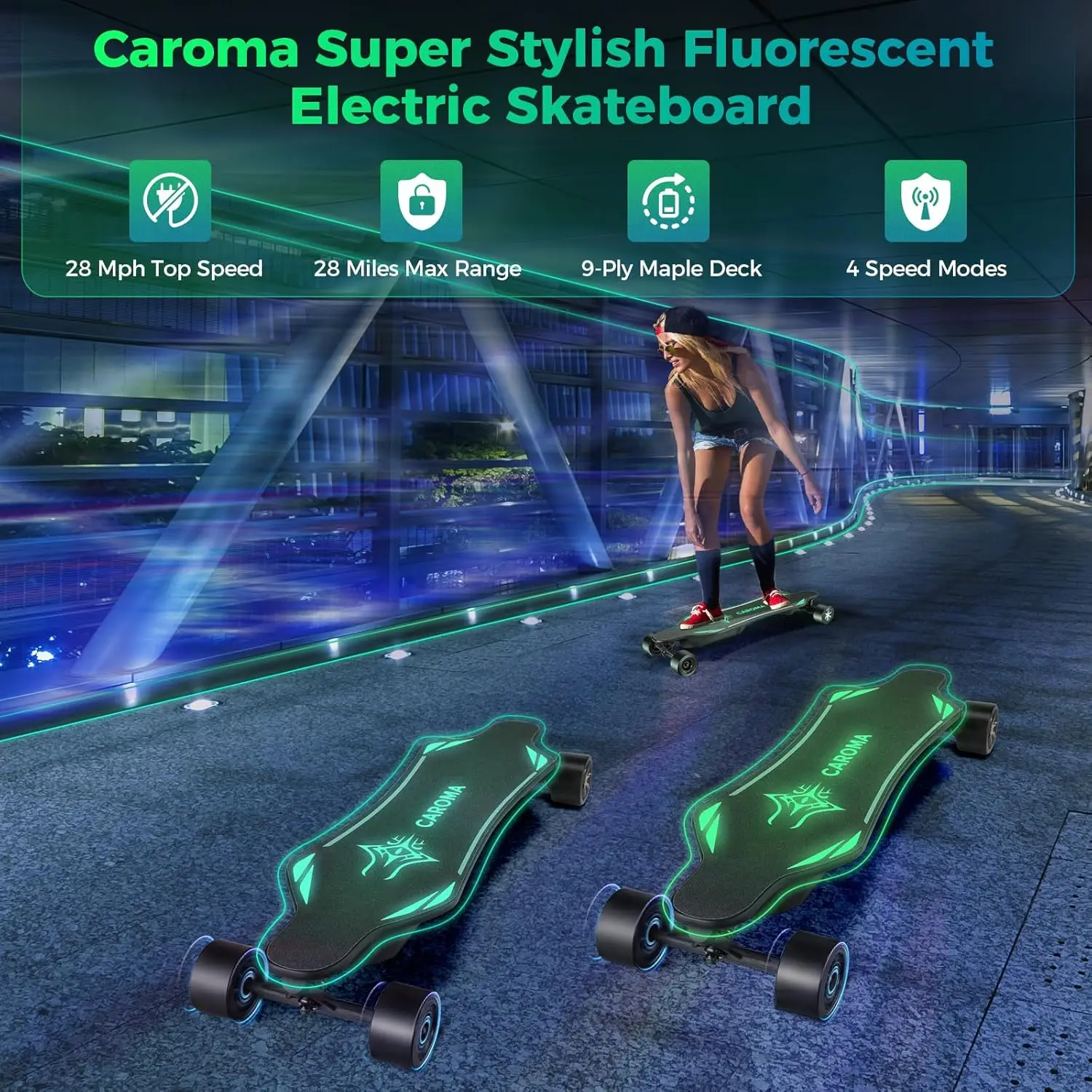 Caroma Electric Skateboards Glow in The Dark, 1200W Powerful Motor, 28MPH Top Speed, 4/6AH Battery, 16/28Miles Max Range