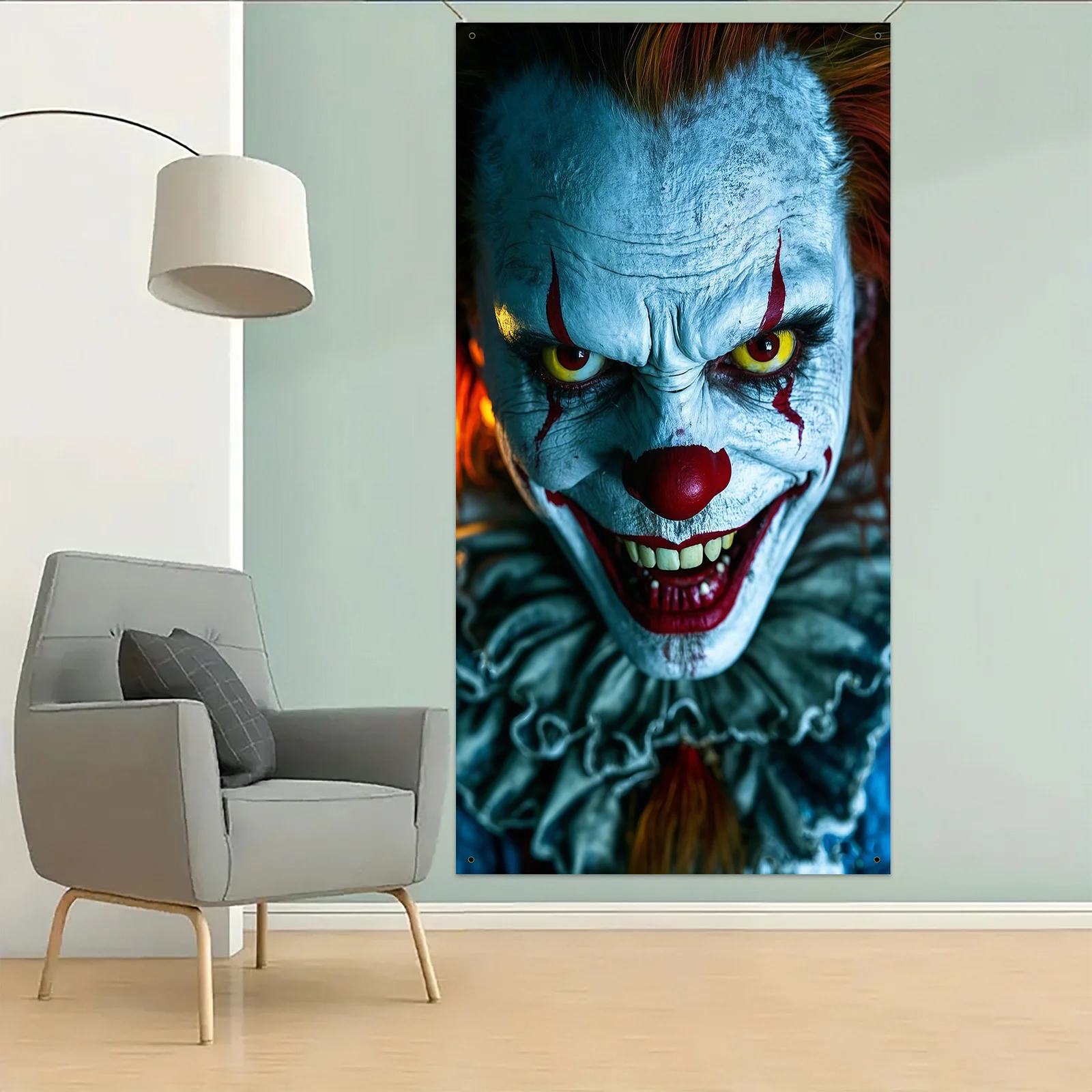 2D flat banner 1PC Halloween theme, scary clown design, blood-red eyes and red lips, terrifying Halloween party decoration view 5