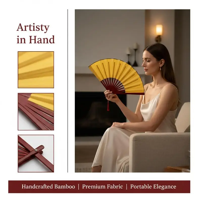 Chinese Vintage Style 33CM Folding Fan Bamboo Handle Classical Party Dance Hand Fan Ancient Hand Fan Summer Cool Silk Fan