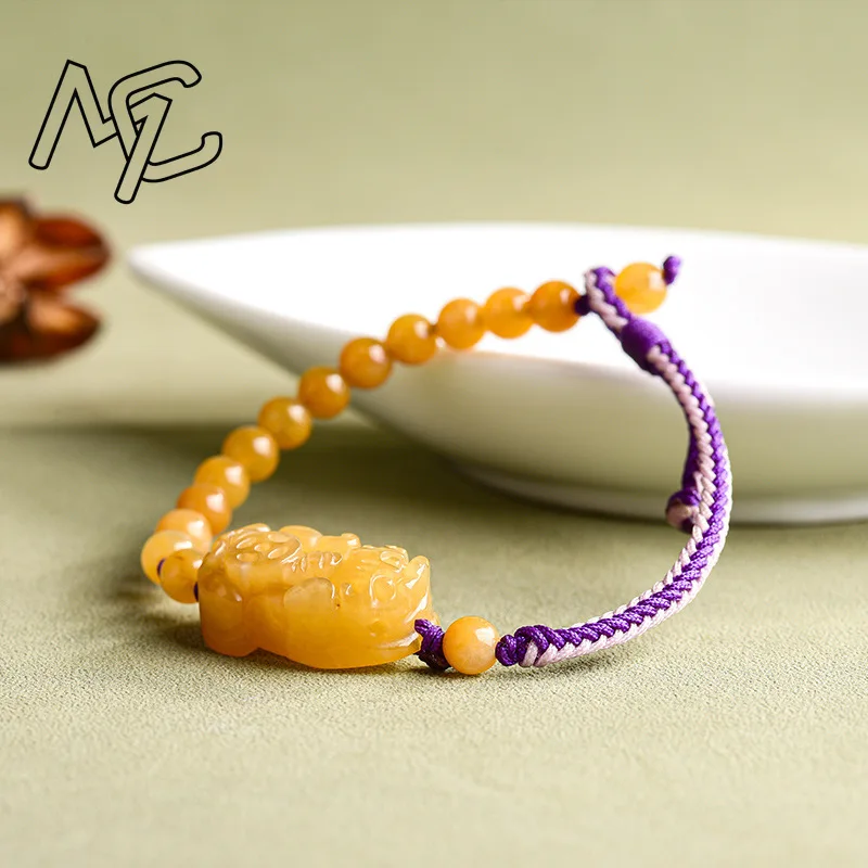 Real Natural Golden Thread Jade Money Pixiu Beads Diy Bracelet Hand Woven Carved Charm Jadeite Jewelry Fashion Amulet Gifts