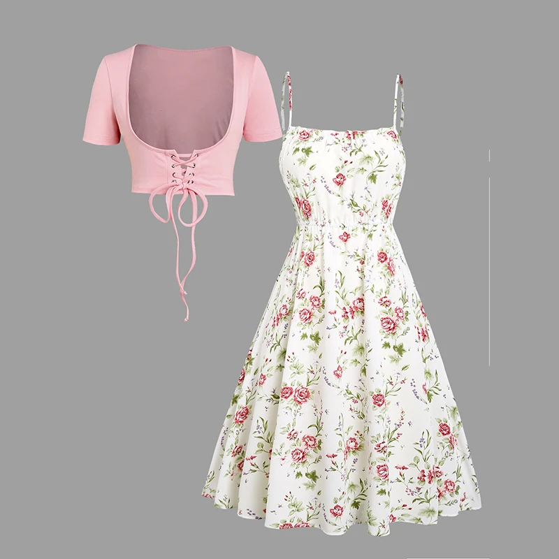 Dressfo 2025 New Women's Dress Set Floral Print Waisted Sleeveless Cami Dress And Solid Lace Up Short Sleeve Crop Top Set