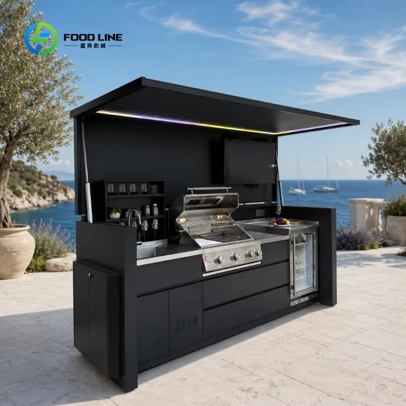 Customized Waterproof Folding Outdoor Kitchen Unit with Grill Acrylic Faucet Drawer Slide Modern Garden BBQ Bar