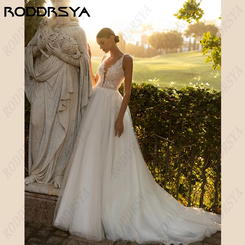 RODDRSYA Princesa Vestidos De Casamento Para As Mulheres Sexy V-Neck Backless Noiva Festa Sem Mangas Tule A linha Vestido De Noiva Casamento Princesa Vestidos De Casamento Para As Mulheres Sexy V-Neck Backless Noiva Fe