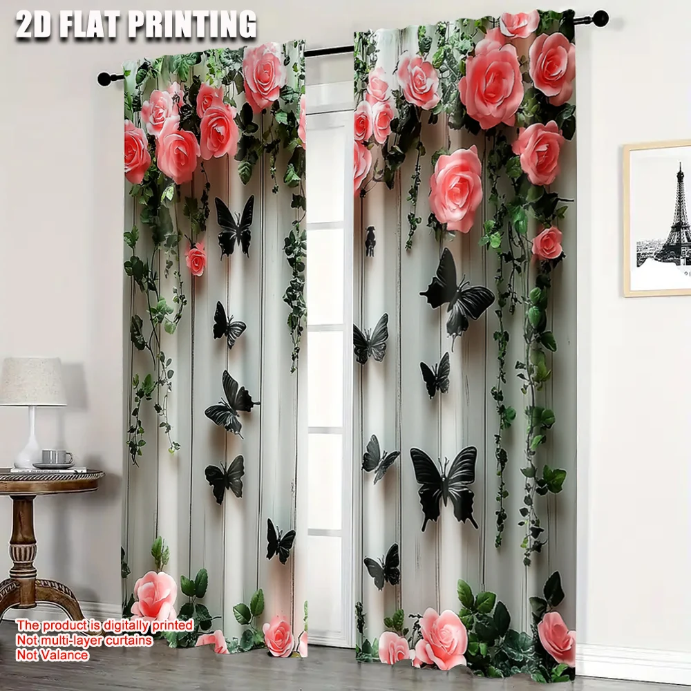 

2pcs, Curtain Fabric 2D print Butterflies and pink roses Versatile Durable Polyester (without rod) Decorations For Home Use for