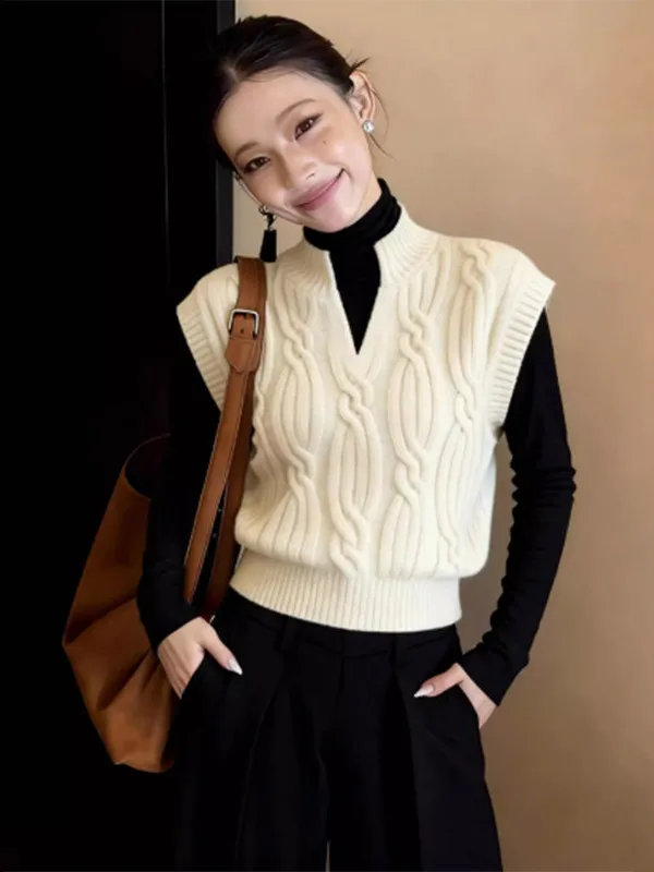 

Ретро-жилет с V-образным вырезом, вязаный, женский, осенне-зимний, новый, с сетчатой текстурой, многослойный дизайн, утягивающий, омолаживающий топ