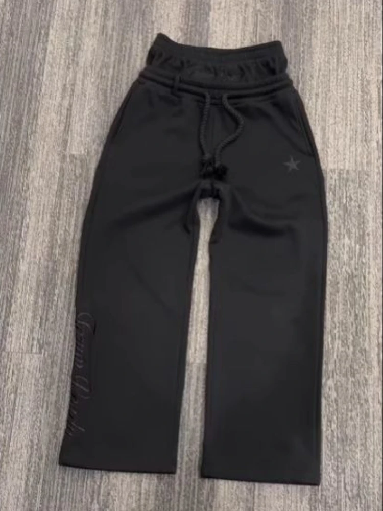 HOUZHOU Vintage Y2k Sweatpants Double Waisted Letter Embroidered Wide Leg Pants Casual Fake Two Pieces Baggy Joggers Streetwear