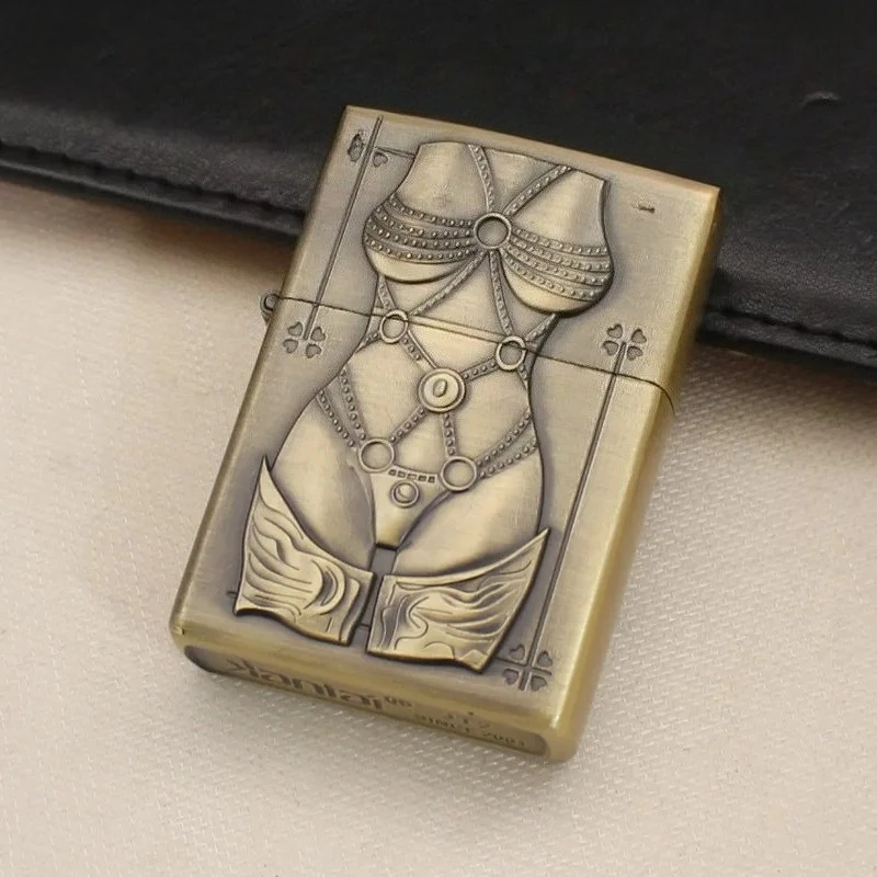 Beautiful Lady Emboss New Lighter Windproof Brass Lighters Old Vintage Sanding Wheel Lighters Men's Gift Smoking Torch