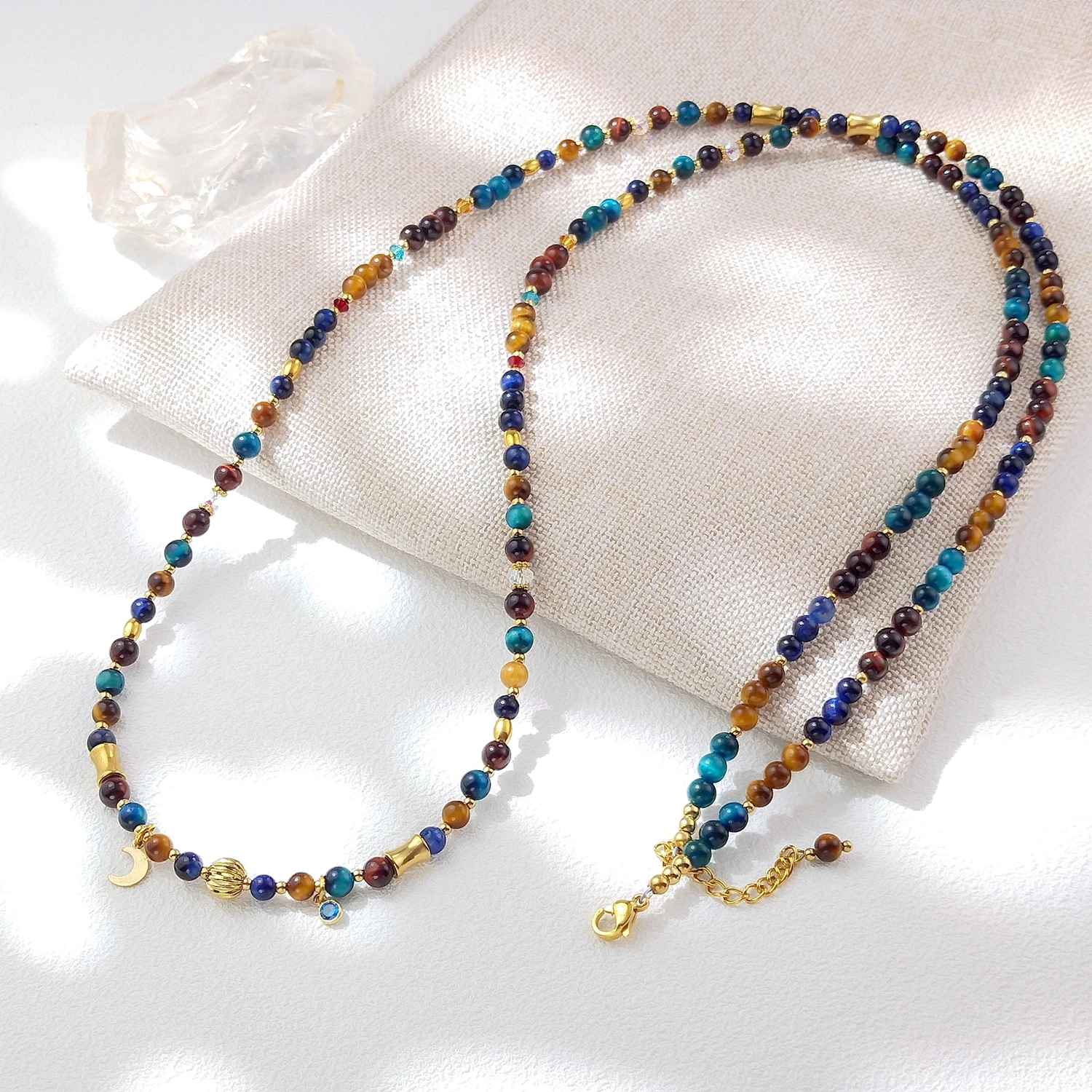 

Lii Ji Multi Tiger's Eye 3-4mm Beads Stainless Steel Gold Plated Waist Chain 87+3cm Natural Stone Handmade Jewelry
