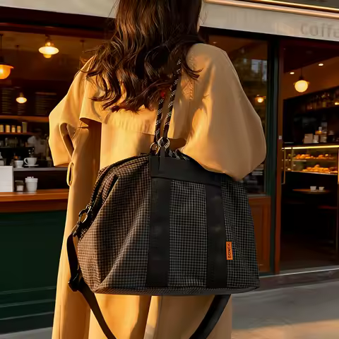 Large Capacity Grid Pattern Travel Duffle Bag,Lightweight Nylon Sports Gym Tote,Portable Weekender Overnight Bag