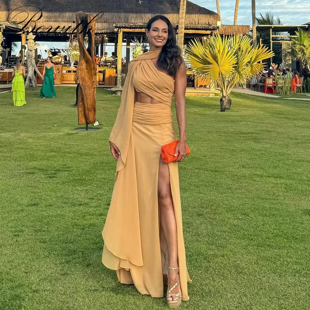 

Bowith One-Shoulder Evening Dresses Side High Slit Pleats Prom Dresses Customized robes de soirée Women Summer Dresses Holiday