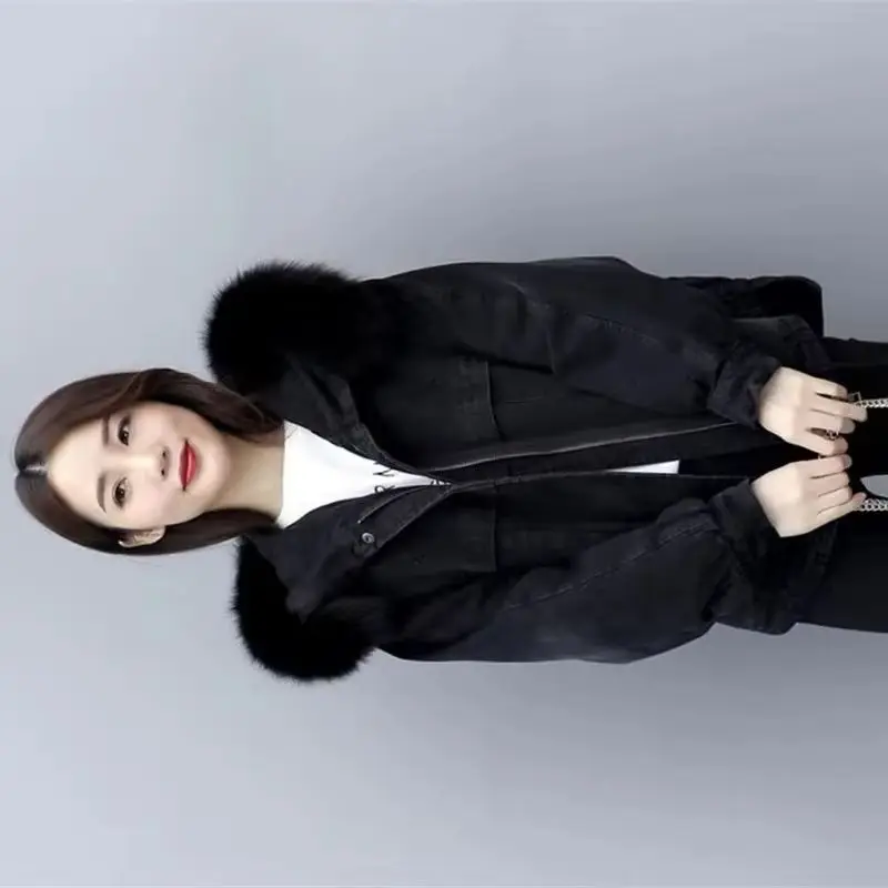 

Ladies Long Sleeves Add Velvet Cowboy Coat Women Big Fur Collar Denim Jacket Winter Female Loose Fit Parkas Outwear