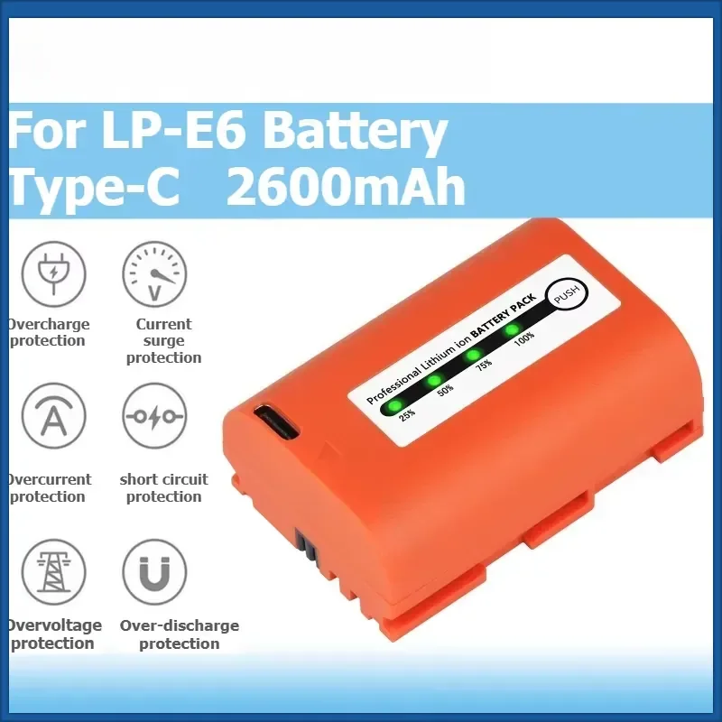 2PCS 7.4V 2600mAh LP-E6 LP-E6N Battery with Type-C for Canon EOS R7 R6 5D Mark II III 5DS 5DS R 60D 70D 80D 7D Mark II III