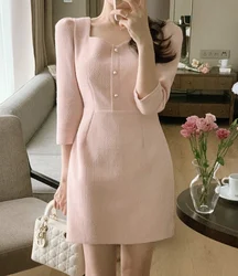 Square Neck Tweed Puff Sleeve Mini Dress Elegant Party White Bodycon Black Pink Korean Club Vestido Curto Chic Botton Fall 2024