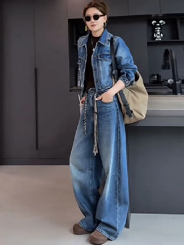 

Retro American Blue Denim Set Women's Short Collar Jacket Wide Leg Pants Two Piece Set Fashionable Casual Outfit