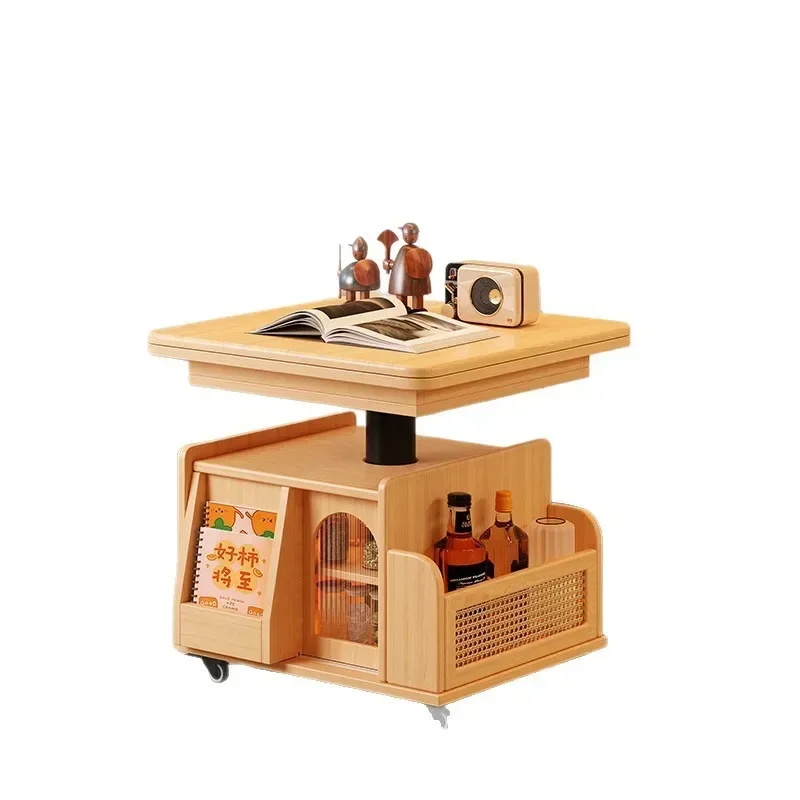 Lifting coffee table folding mobile cart, solid wood, small apartment living room multi-functional sofa dining table