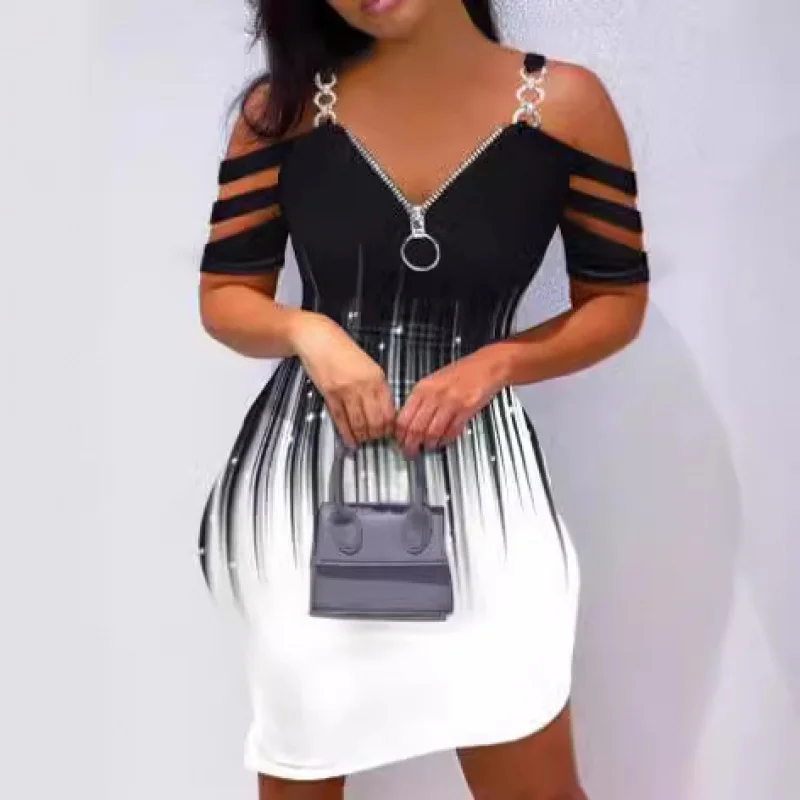 여성 지퍼 V칼라 프린트 슬링, 그라데이션 숏 타이트 원피스, 캐주얼, 유럽, 미국, 여름, 2024