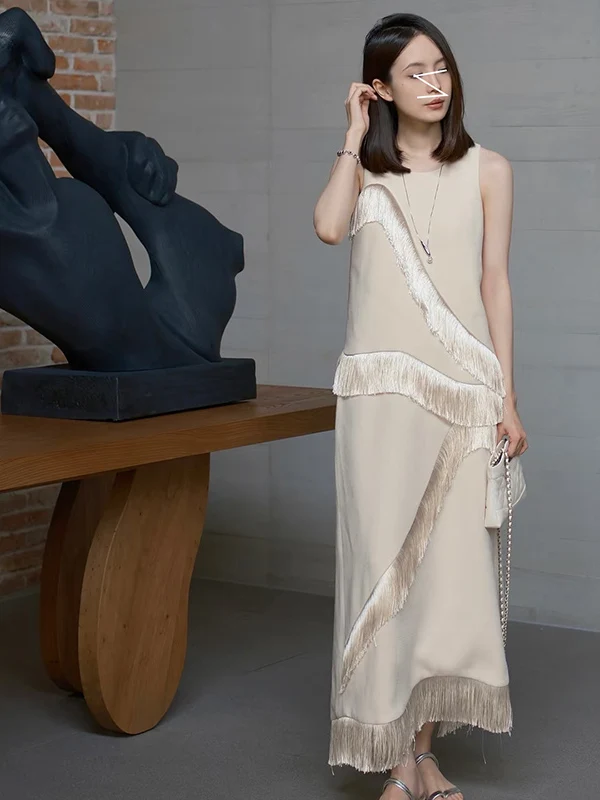 

Retro Fringed Oversized round Ne Jaet Vest High Waist Slim Straight Cut f Skirt Long Set Spring Faion Women's Outfit