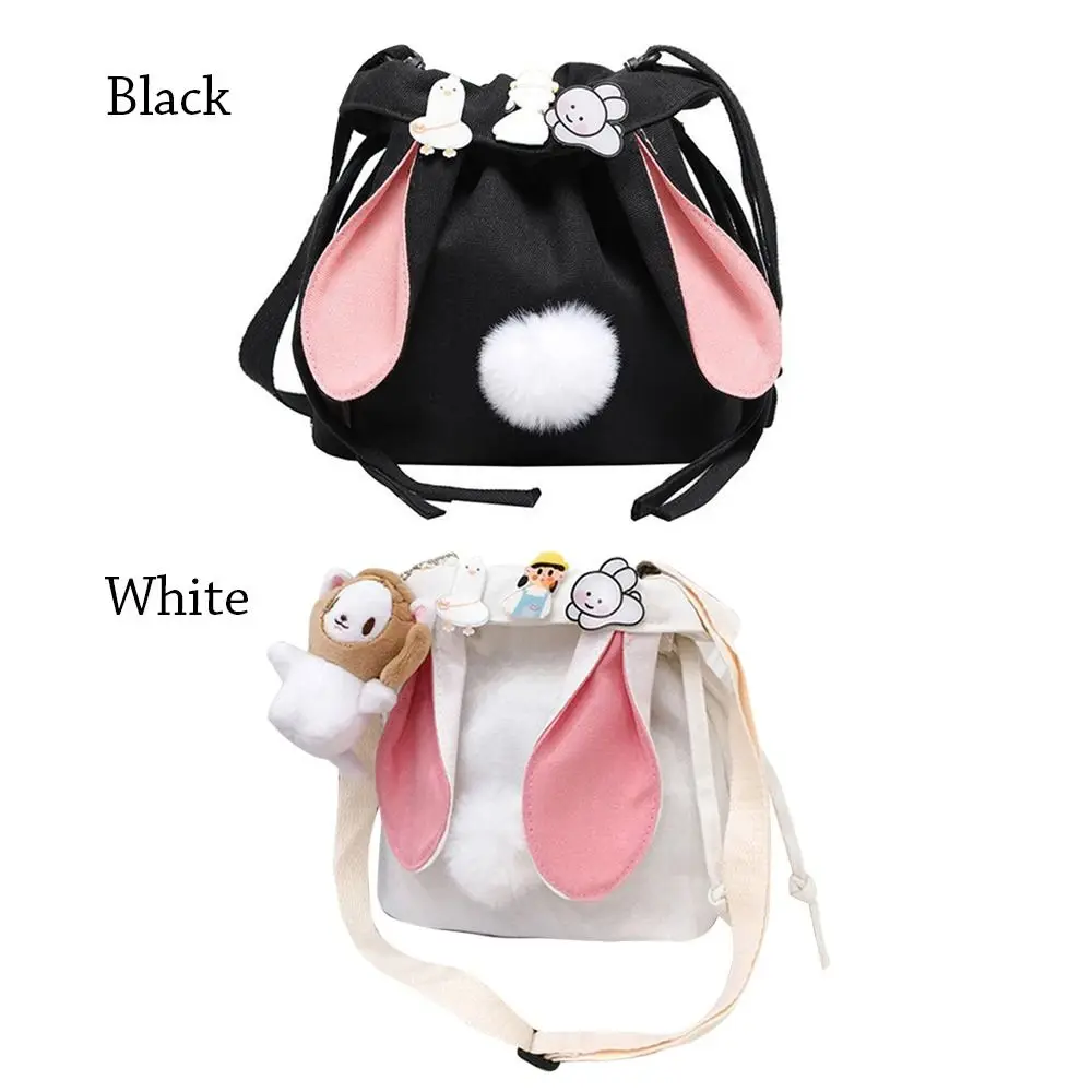 Fashion Women Canvas Crossbody Bags Female Cute Rabbit Shoulder Messenger Bag Drawstring Bucket Bag Handbags