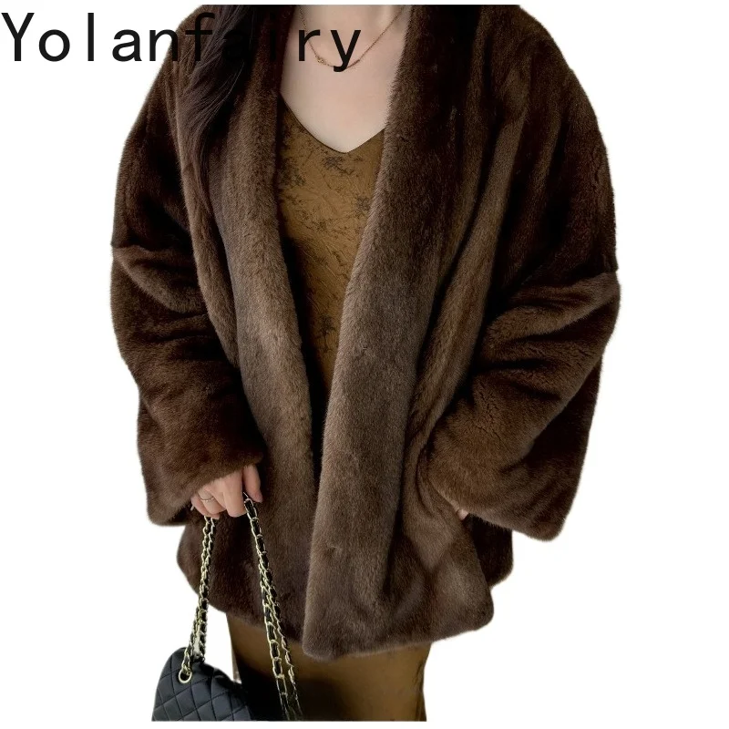 

YOLANFAIRY Luxury Silver Corss Mink Natural Fur Coat Woman High-end 2026 Winter V-neck Real Mink Fur Coats Jacket V-neck Lazy