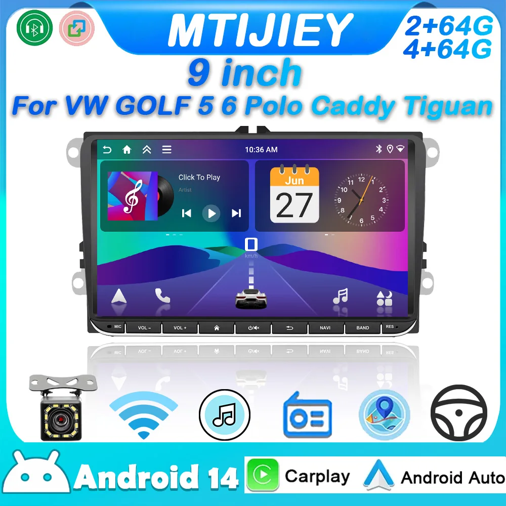 

9 "Авторадио для VW Golf Passat B6 B7 Skoda sat Octavia Polo Tiguan 2 Din Drahtlose Android 14 Мультимедийный плеер CarPlay