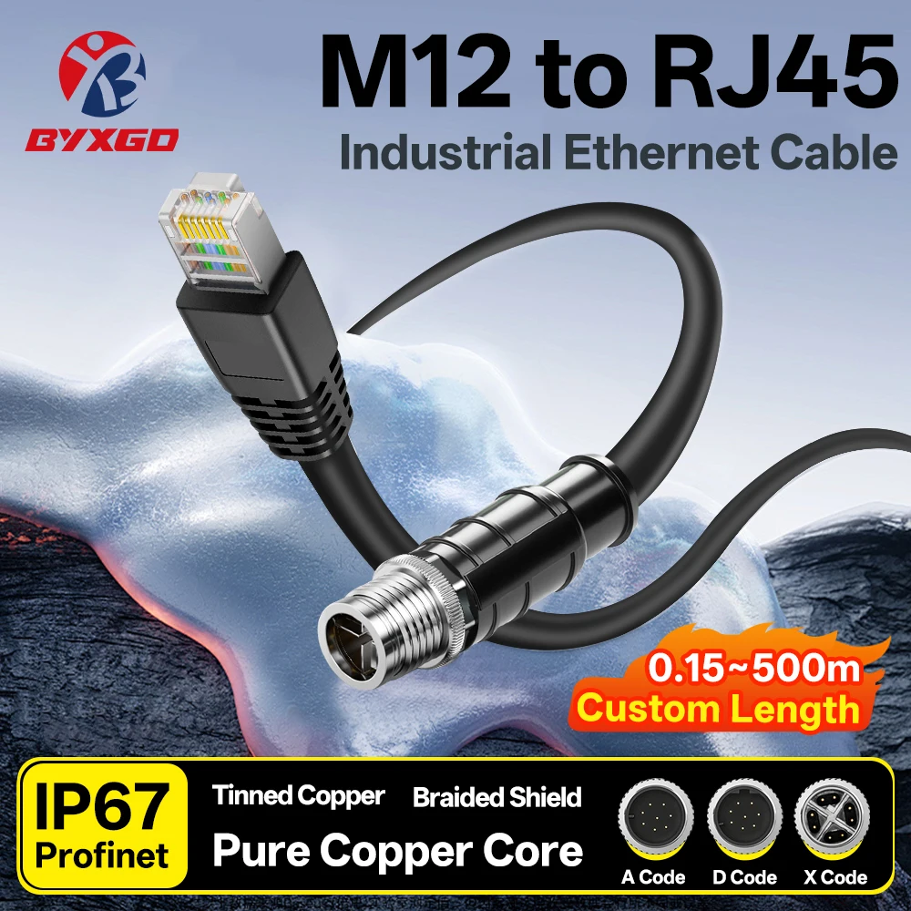 

BYXGD M12 X-code Male 8 Pin to RJ45 Industrial Ethernet Cable Pure Copper Core Tinned Copper Braided IP67 for Profinet EtherCAT