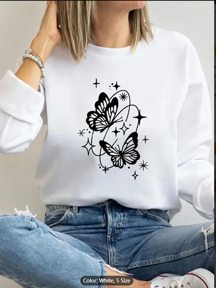 

Женский белый свитшот со звездным бабочкой и графическим принтом, повседневный пуловер большого размера, топ для любителей природы, комфорт из чистого хлопка