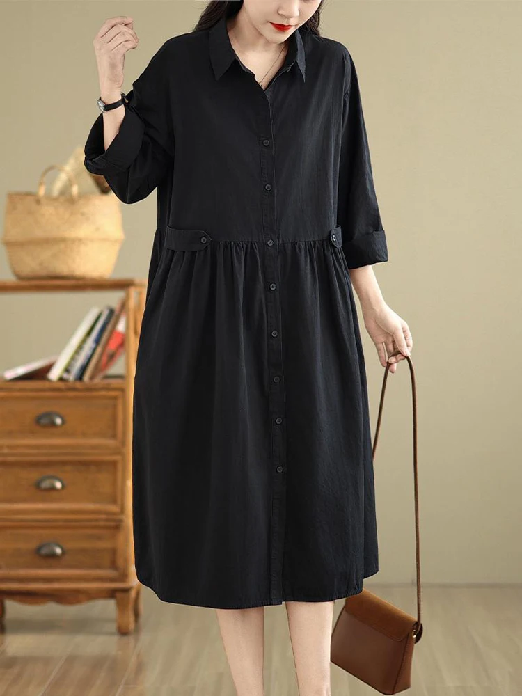 2025 Primavera Verano Color sólido cuello vuelto vestido acampanado de mujer vestidos camiseros casuales de manga larga ropa elegante de moda