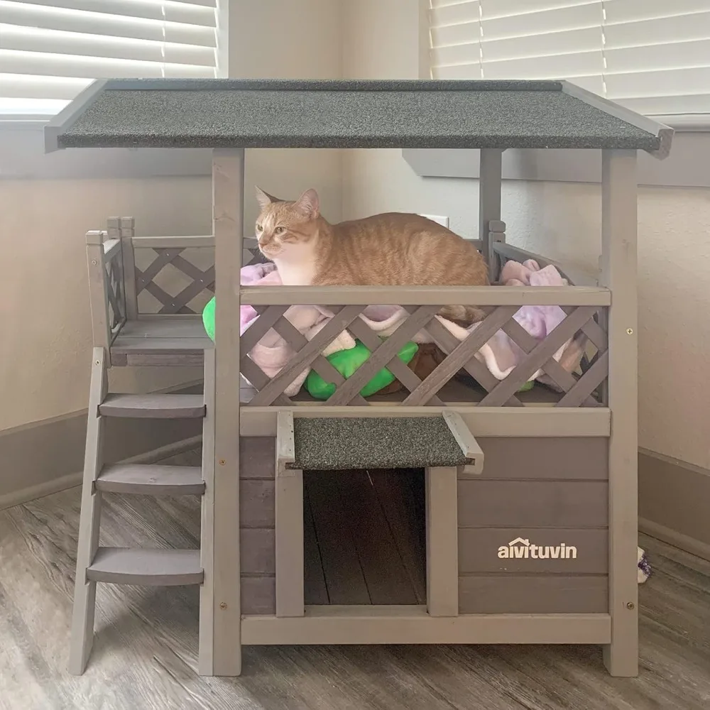 

Feral Cat House Outdoor and Indoor Kitty Shelter with Stairs for Cats Insulated, Weatherproof Roof for Winter