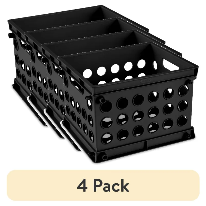 (4 pack) Plastic Storage Cube / Mini Crate, 9” L x 7 3/4” W x 6 1/8” H, Black, Back to College