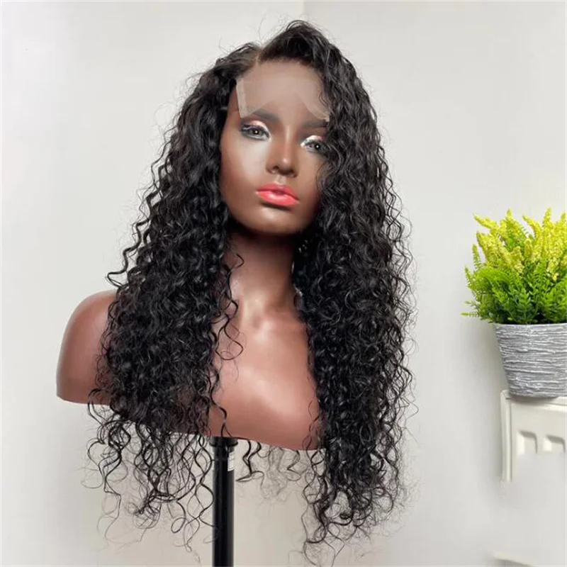 

Soft 26Inch 180 Density Long Kinky Curly Lace Front Wig For Women With Baby hair Middle Part Natural Black Glueless Wig