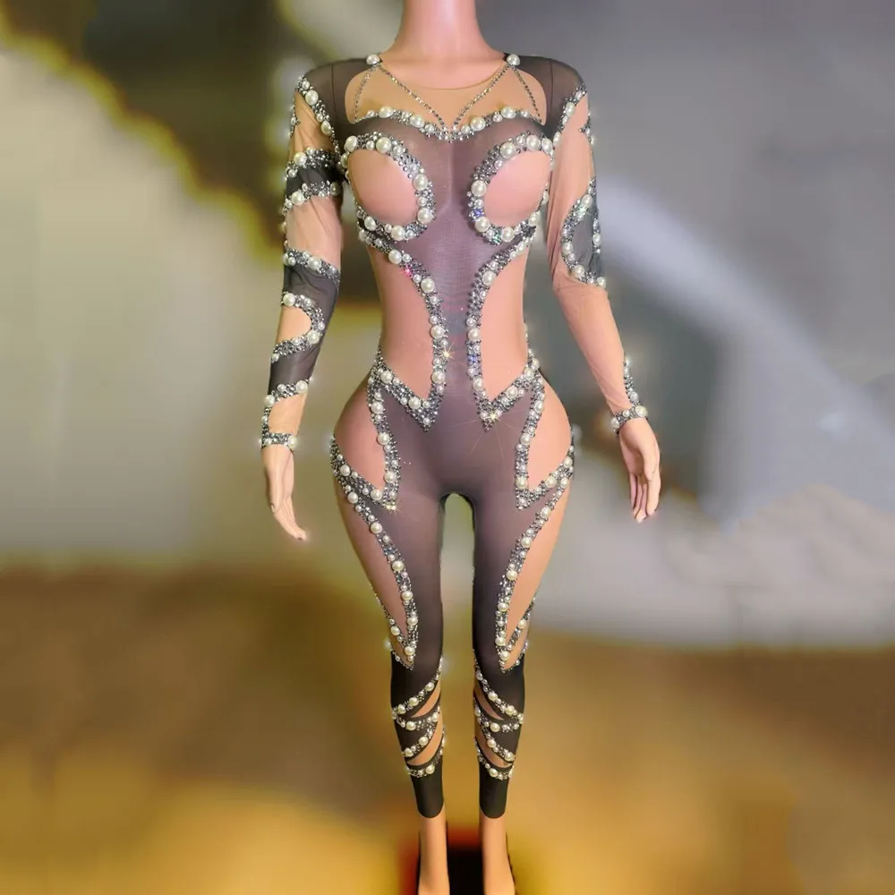 Hohe Qualität Sexy Mesh Perle Kristall Overall Frauen Nachtclub Party Sänger Tänzer Leistung Bühne Trikot Drag Queen Kostüm