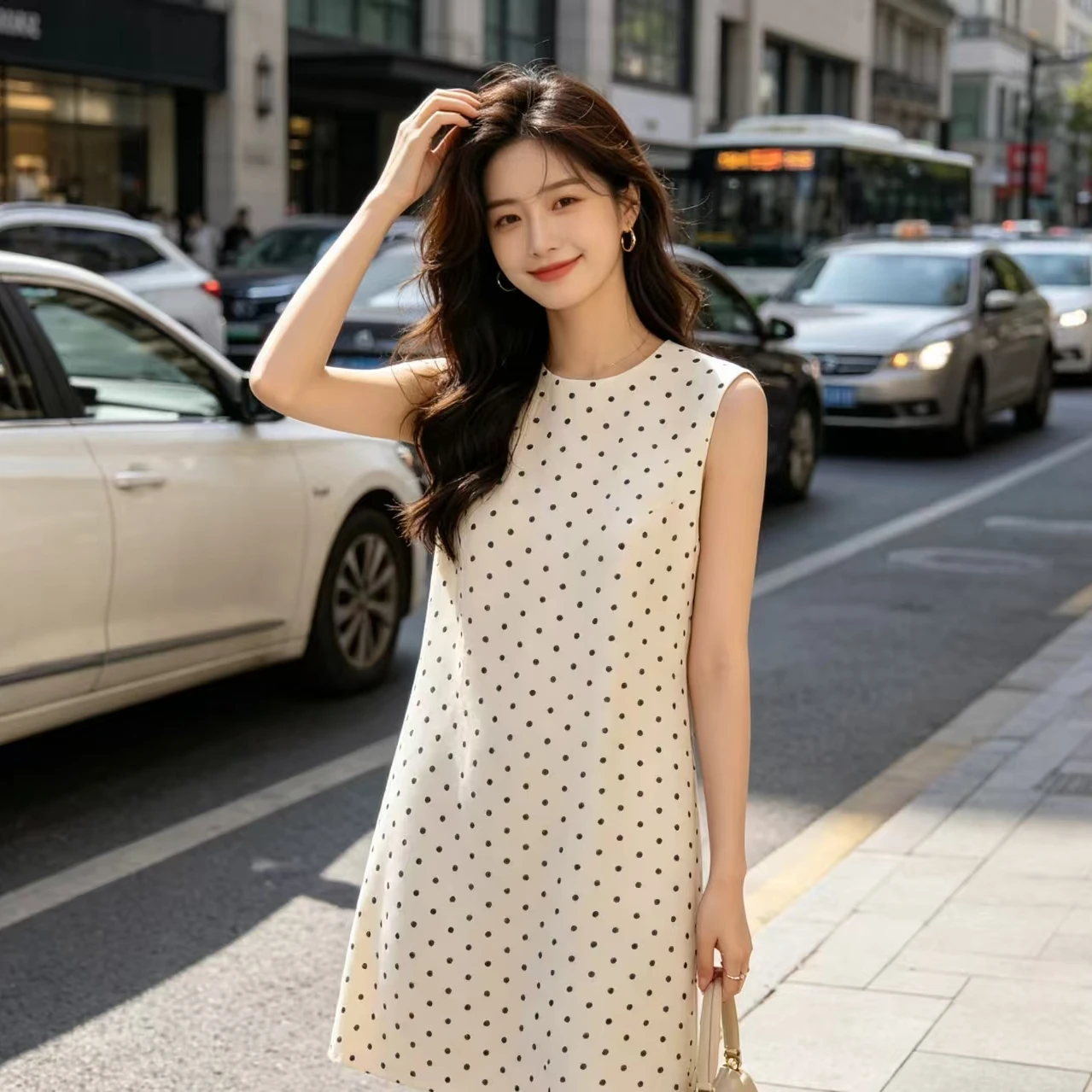 

Summer Polka Dot Sleeveless Women's Dress Loose Backless Hollow out Vest Style High Waist A-Line Skirt Korean Fashion