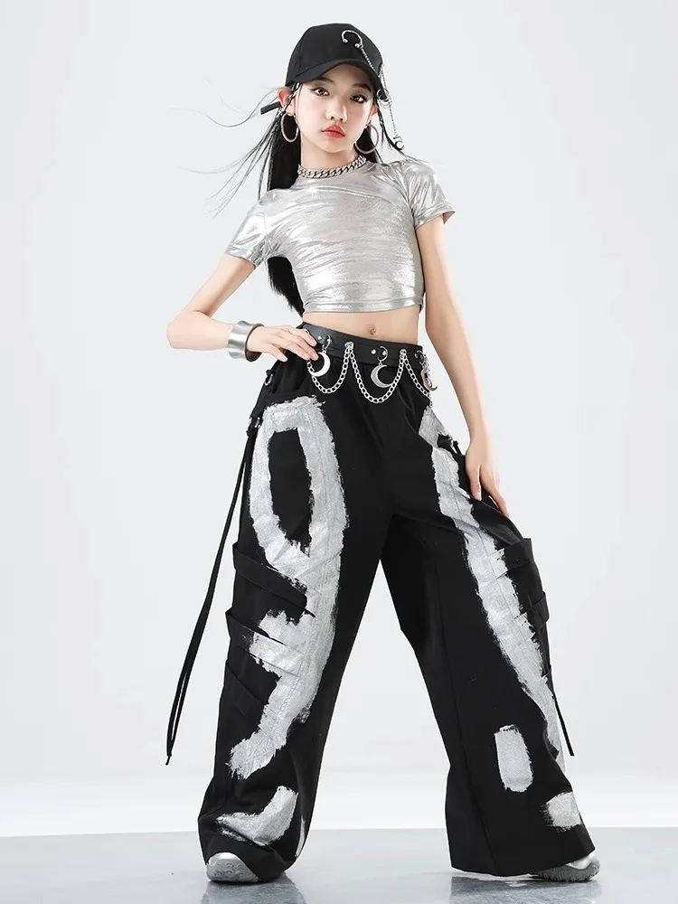 Hip Hop Mädchen Silber Kurzen Ärmeln Weste Lose Graffiti Hosen K-pop Kostüm Kind Streetwear Kinder Jazz Street Dance Kleidung set