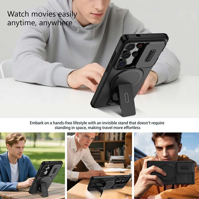 Luxury Invisible Bracket Hard PC Magnetic Phone Case With Sliding Window Protection For Samsung Galaxy S26Ultra S23 S24 S25FE
