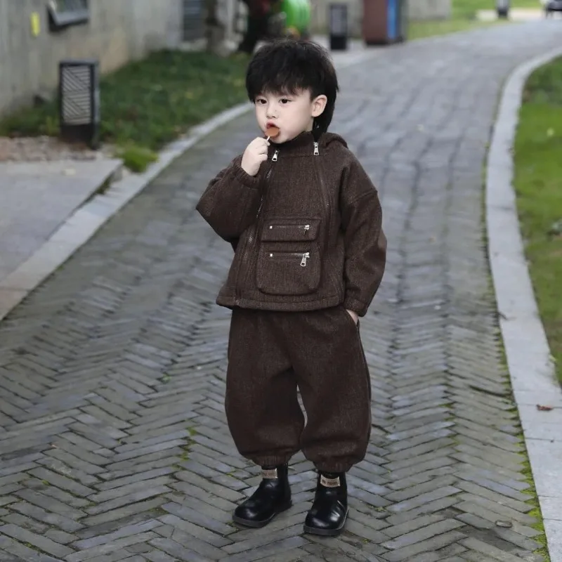 Boys' set Mocha color winter new item children's velvet double zipper hooded jacket long pants two-piece set