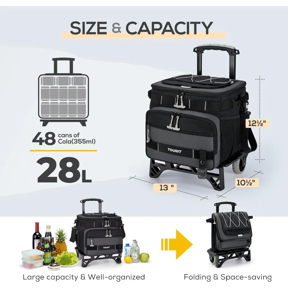 Collapsible 48-Can Leak-Proof Insulated Rolling Cooler with All-Terrain Cart, Upgraded Fixtures and New Wheels Suitable