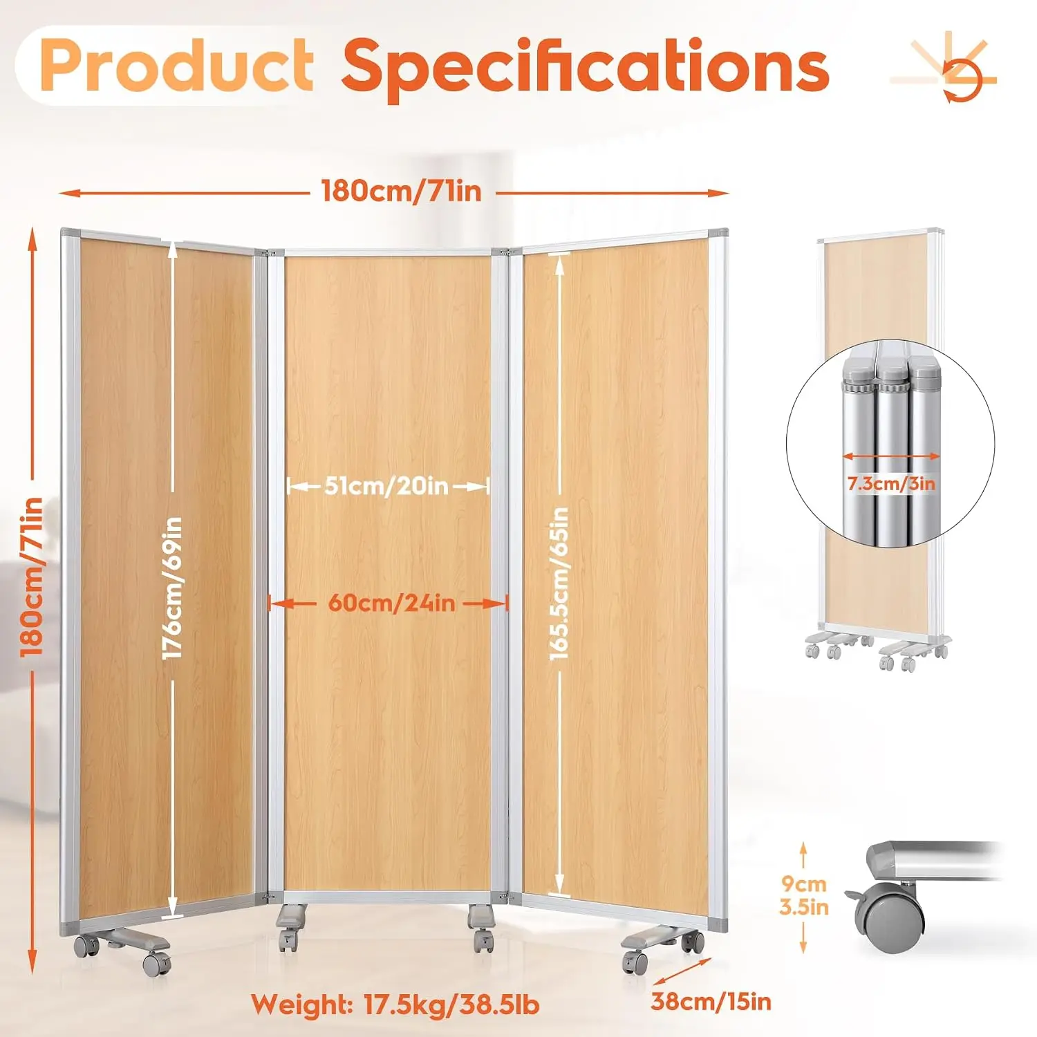 SWANCROWN Office Partitions 71x71 in 3 Panel Room Dividers on Wheel, Wood