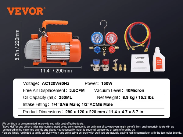 SucceBuy 3.5CFM 4CFM Eentraps Draaischuif HVAC Air AC Vacuümpomp & A/C Koelmiddel Kit Manometerset Airconditioning - afbeelding 1