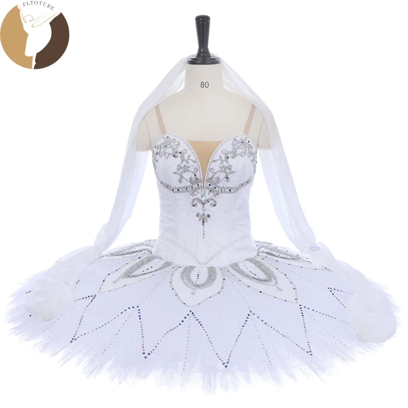 

FLTOTURE White Skirt Silver Decorations Pancake Tutu Women Professional La Bayadere YAGP Ballet Competition Stage Costumes