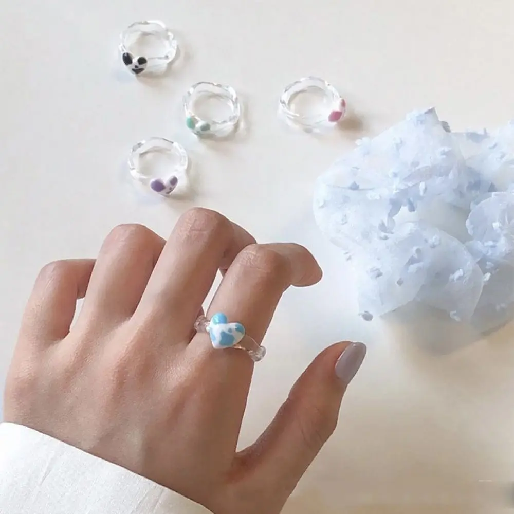 Summer Creative Colorful Leopard Heart Pattern Ring Korean Style Transparent Plastic Finger Ring for Female Jewelry Accessories image 6