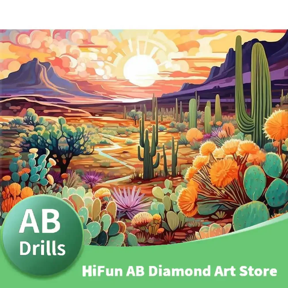 DIY AB Drill Diamond Painting Colorful Desert Scene with Cactus Plants and Mountains Art,Full Gems Dots Art Embroidery Gifts