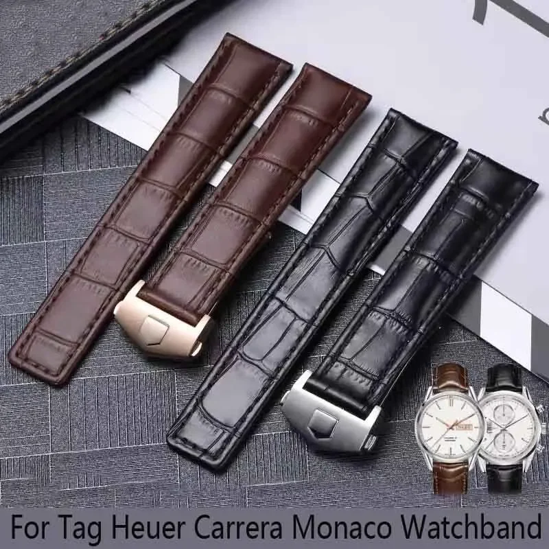 19mm 20mm 22mm Genuine Leather Strap for Tag Heuer Watch Carrera Monaco Watch Belt Black Brown Bracelet Wristwatch Watchband image 3